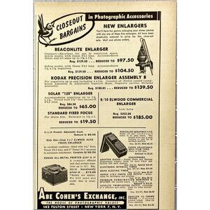 Abe Cohen's Exchange Closeout Bargains in Photographic Accessories Print Ad 1949